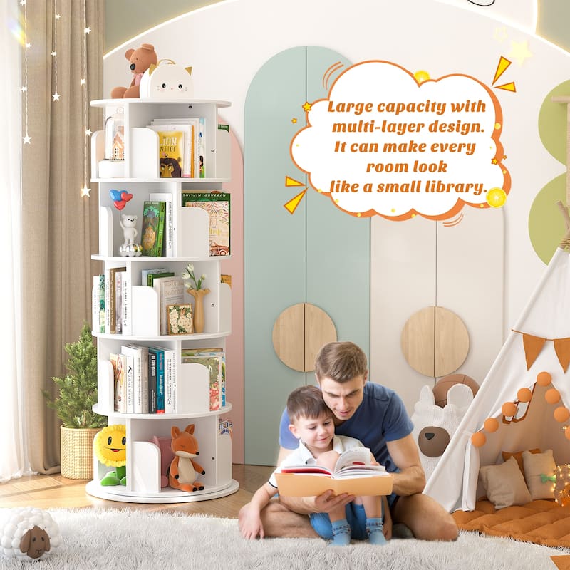 4/5 Tiers Round Rotating Bookcase, Revolving Floor Standing Bookshelf Corner Organizer Display