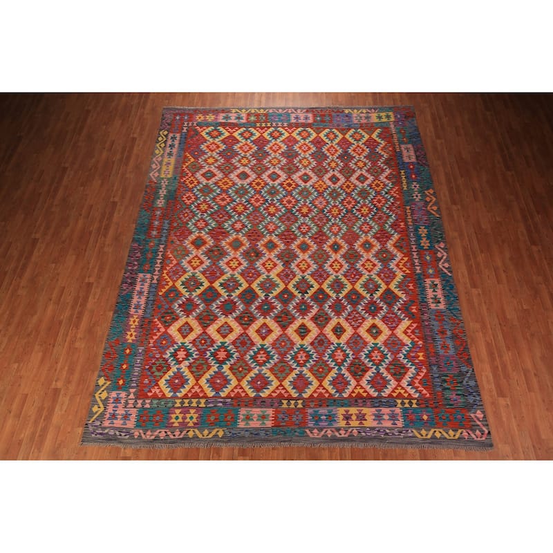 South Western Orange Kilim Oriental Area Rug Hand-Woven Wool Carpet - 10'2" x 12'11"