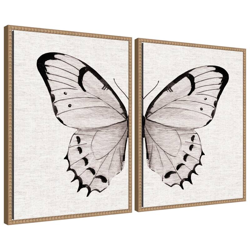 Kate and Laurel Sylvie Beaded Minimal Butterfly Watercolor Framed Canvas Art Set by The Creative Bunch Studio - 2 Piece Set 18x24 - Natural