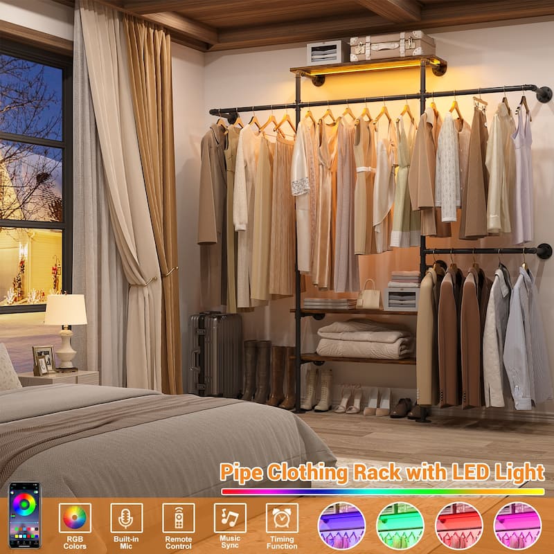 87"W Industrial Pipe Clothing Racks with LED Lights & Open Shelves,Reversible Walk-in Closet Oraganizer System Garment Racks