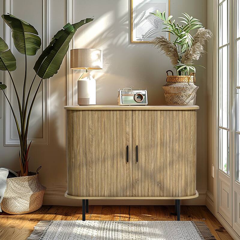 Mid-Century Modern 2-Door Accent Cabinet with Slatted Sliding Doors - 29.5" H x 35.4" W x 15.7" D