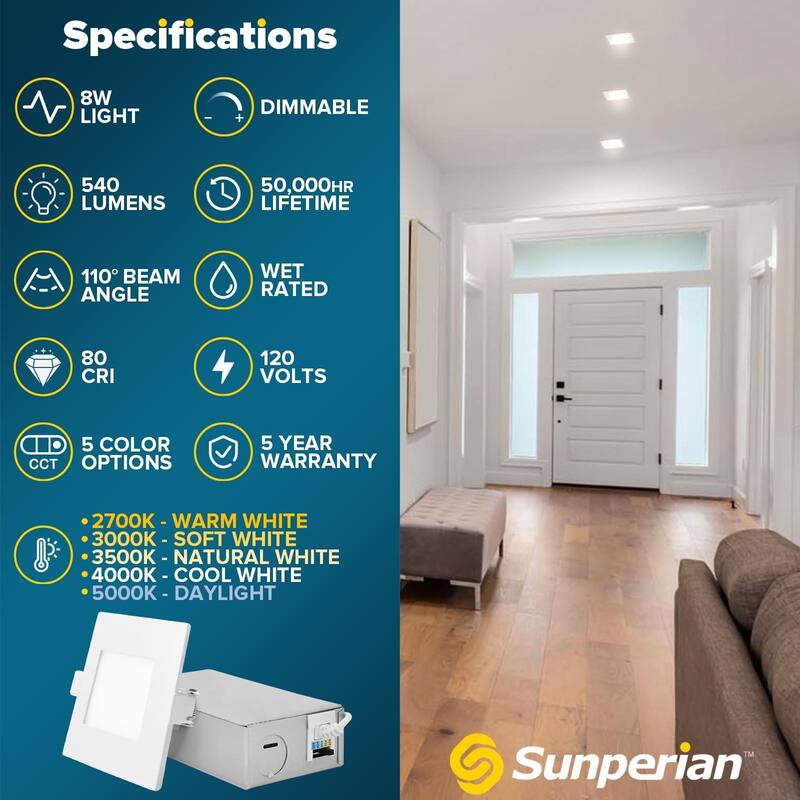 Sunperian 3 inch Square Ultra-Thin LED Recessed Light J-Box 5 Color Options 8W 540 Lumens Dimmable Wet Rated 6 Pack
