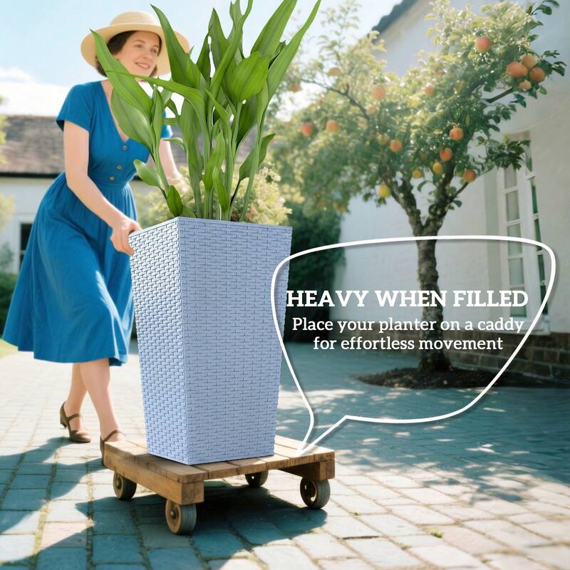 Outsunny Tall Planters for Outdoor Plants Set of 3, 24 In Taper Planters with Drainage Holes, Rattan Decor Plant Pots