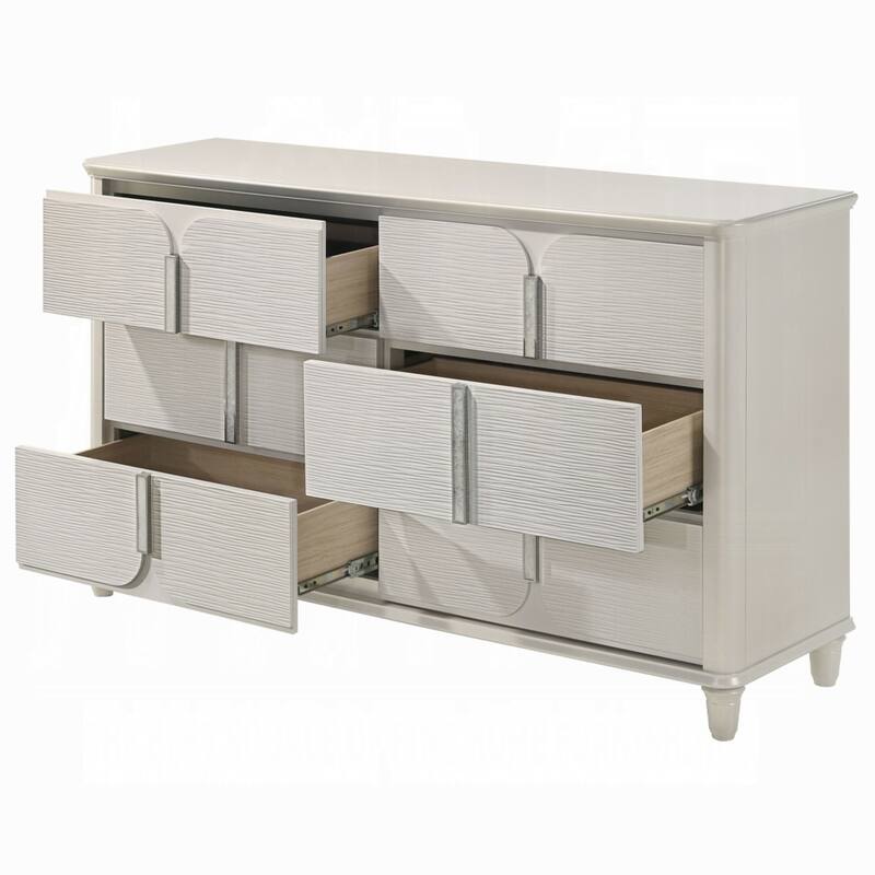 Veda Wide Dresser, Luxurious Pearl White Wood Finish, 6 Modern Drawers