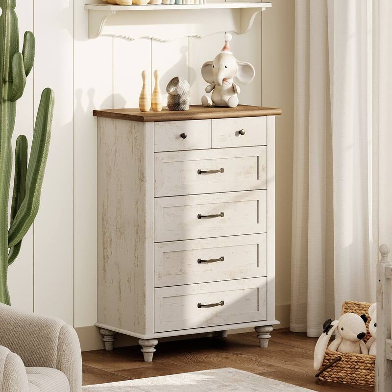 Wood Kid Dresser with 5 Drawers, Farmhouse Baby Dressers for Kids Room - Antique White - 5-drawer