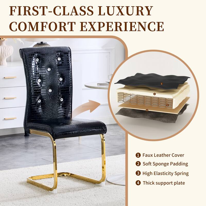 Set of 4, Retro Faux Alligator Skin Upholstered Dining Chairs, with Crystal Buckle Design and Faux Leather Design