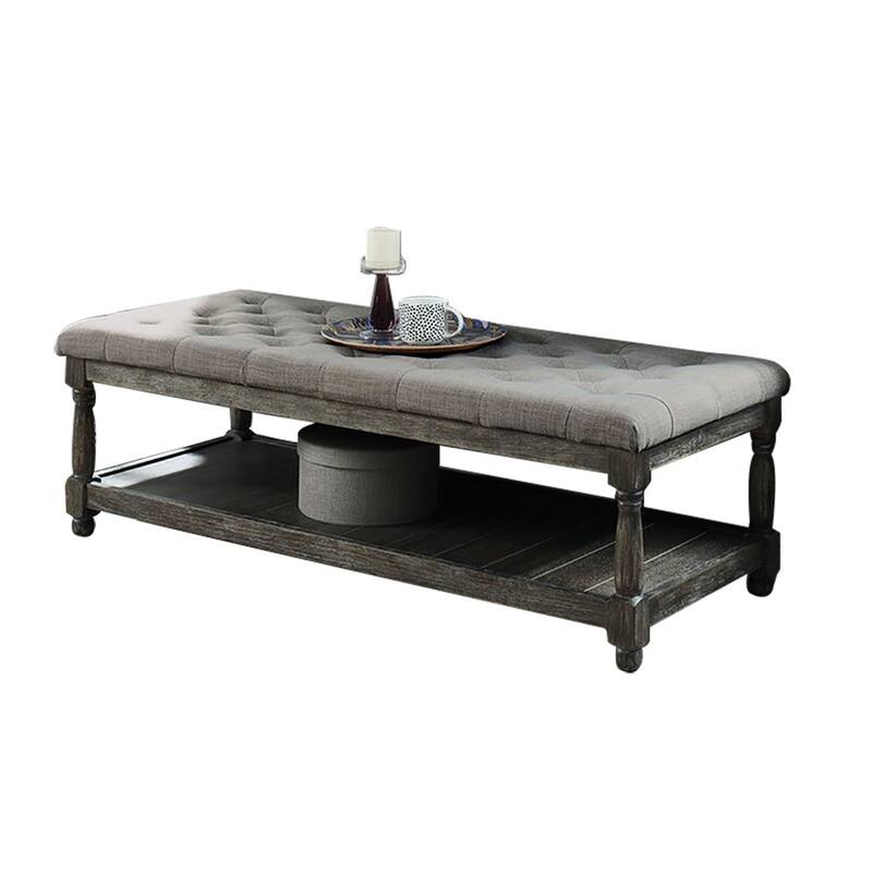 Linen and Wood Bench with Open Shelf