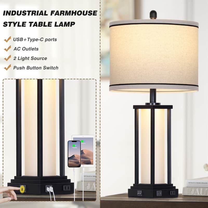 27'' Industrial Table Lamp with USB-C & AC Outlet, Dual Lighting, Black Metal & Glass Frame(Set of 2) - 12.5'' x 12.5'' x 27''