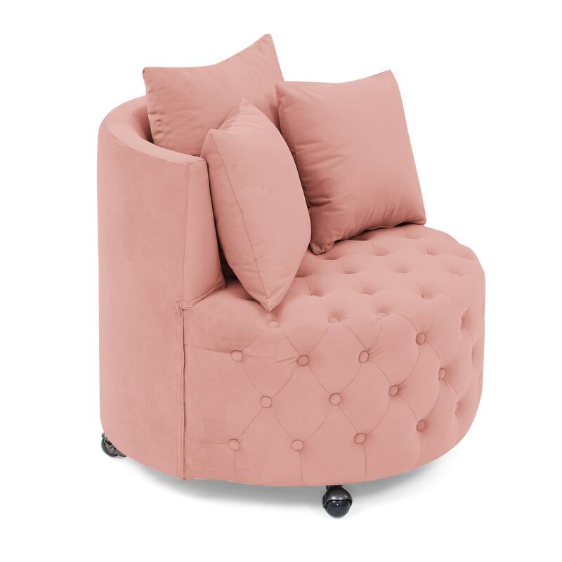 Roomfitters Velvet Swivel Chair with Tufted Button Design, Round Accent Chair with 3 Pillows and Wheels, Lounge Seating
