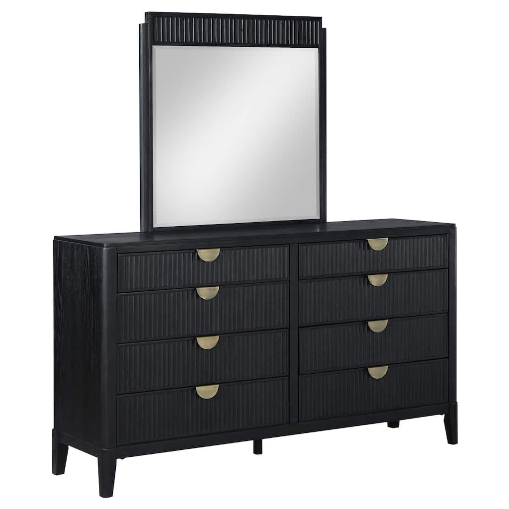 Jack Wide Dresser with Mirror, 8 Drawers, Black Wood Frame