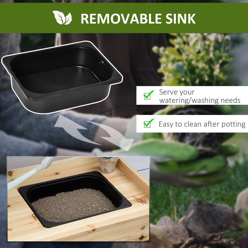 Outdoor Garden Work Table with Removable Sink, Metal Screen, and Ample Storage, Wood Potting Bench Table