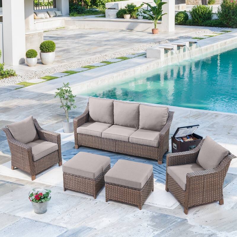 PE 3-Seat Sofa with Pation Chair & Ottoman - Grey - Brown