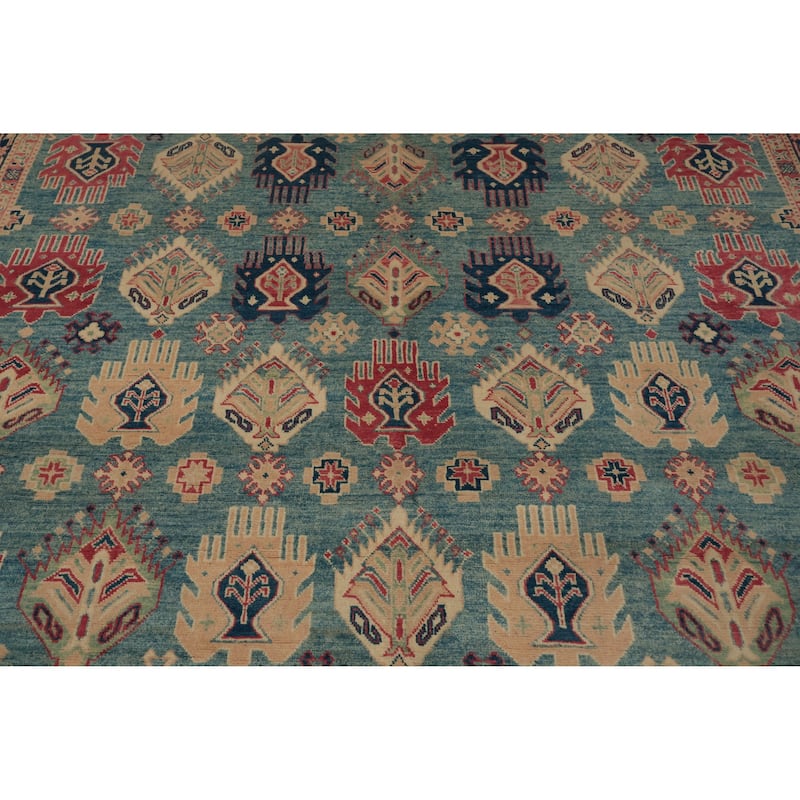 Hand Knotted Oriental 100% Wool Carpet Traditional Geometric Navy Blue & Blues Kazak Area Rug - 11' 10'' X 9' 0''