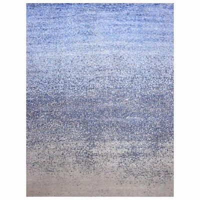 Shahbanu Rugs Denim Blue, Pure Silk and Wool, Modern Dissipating Design Hand Knotted, Oversized Oriental Rug (12'0" x 15'0")
