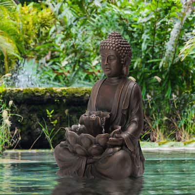 Glitzhome Meditating Buddha Patio Floor Fountain with Lotus and LED