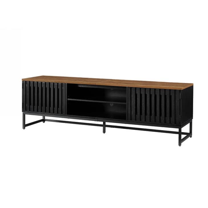 ​Modern Grille TV Stand with 2 Storage Cabinets and Rectangular Legs for Living Room Dining Media Spaces​