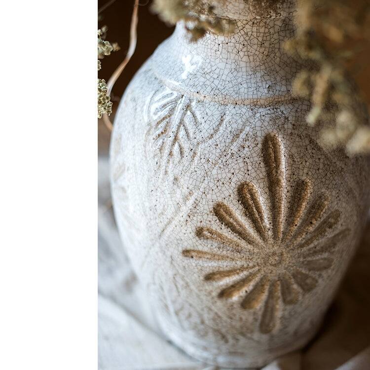 RusticReach Carved Floral Vase in White