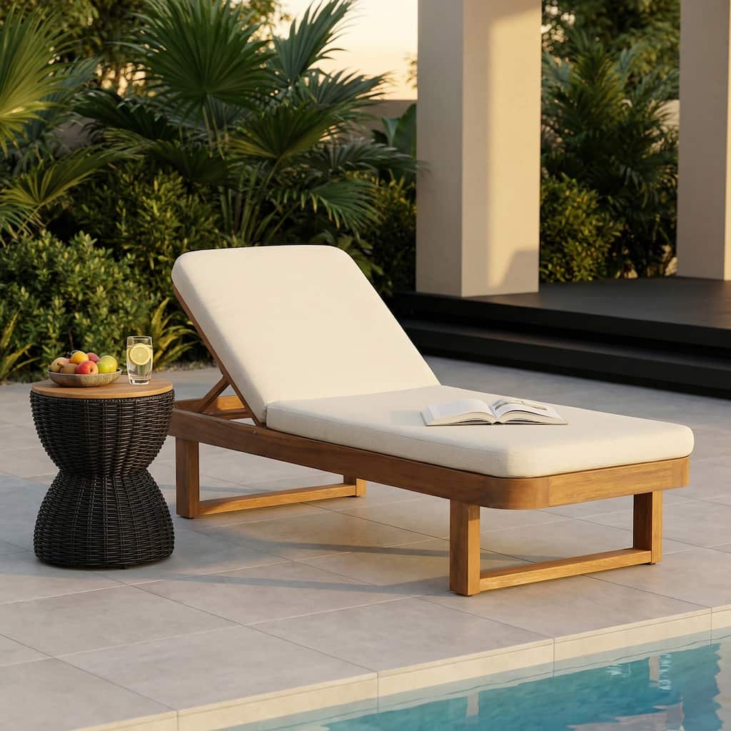 Christopher Knight Home - Milos Outdoor Acacia Wood Chaise Lounge with Adjustable Backrest & Water Resistant Cushioned Seat