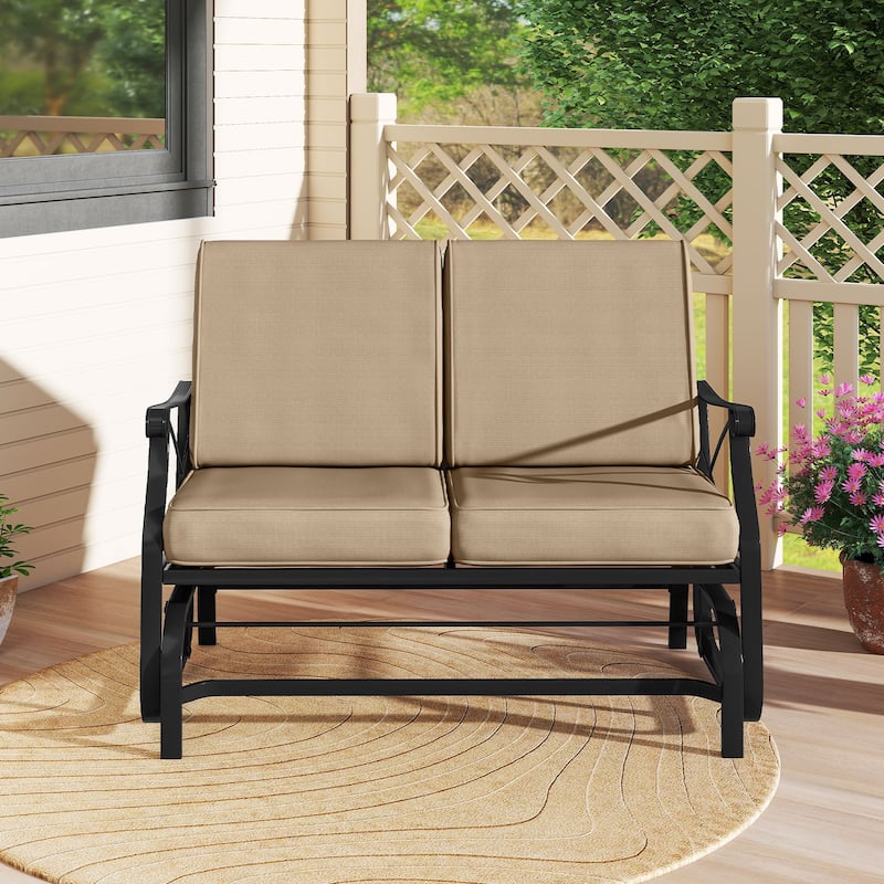 Brown Cushion Black Metal Outdoor Glider Bench 2-Seater Patio Swing - 29" x 47" x 32"