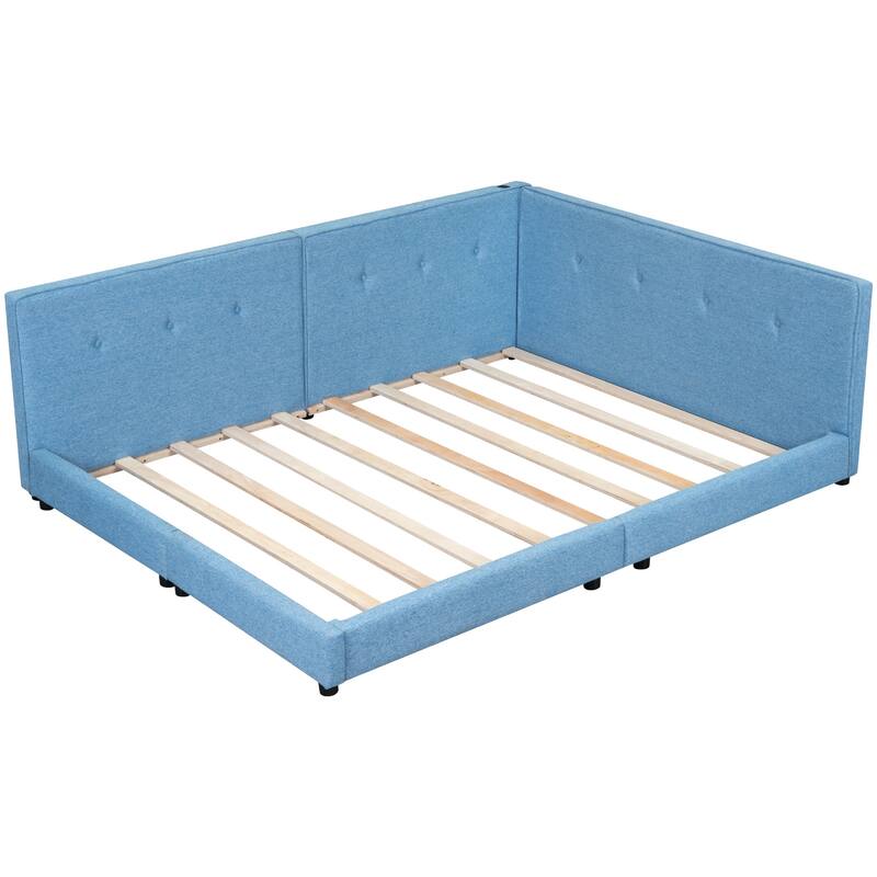 Full Size Platform Bed with USB Ports, Linen Upholstered, Sturdy Wood Frame, No Box Spring Required, Easy Assembly