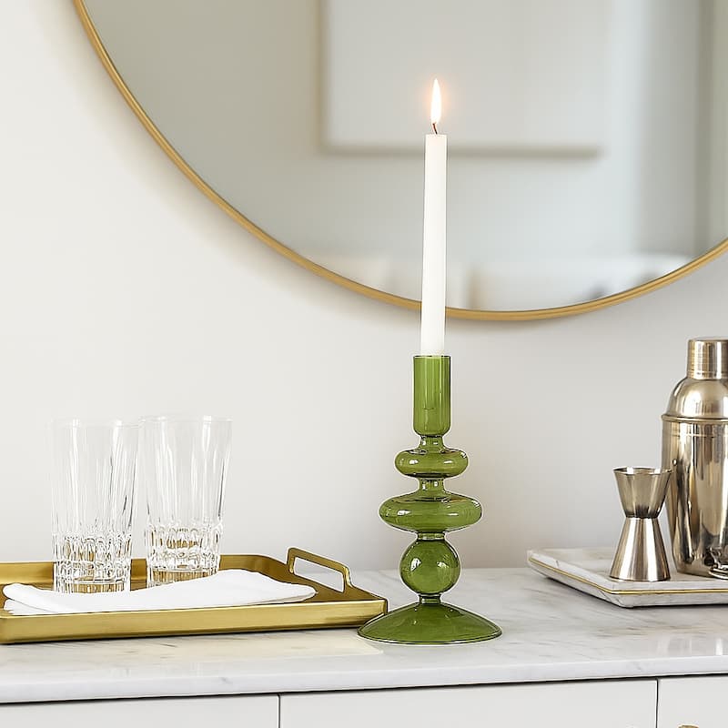 Sculptural Glass Candle Holder with Rounded Accent Base - Modern Tabletop Candle Holder for Any Room - 3" x 3" x 7" - Olive