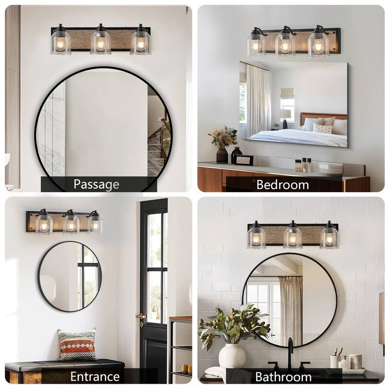 23" Farmhouse Vanity Light Fixture, 3-Light Bathroom Wall Sconce with Clear Seeded Glass Shades, Black and Wood Grain Finish
