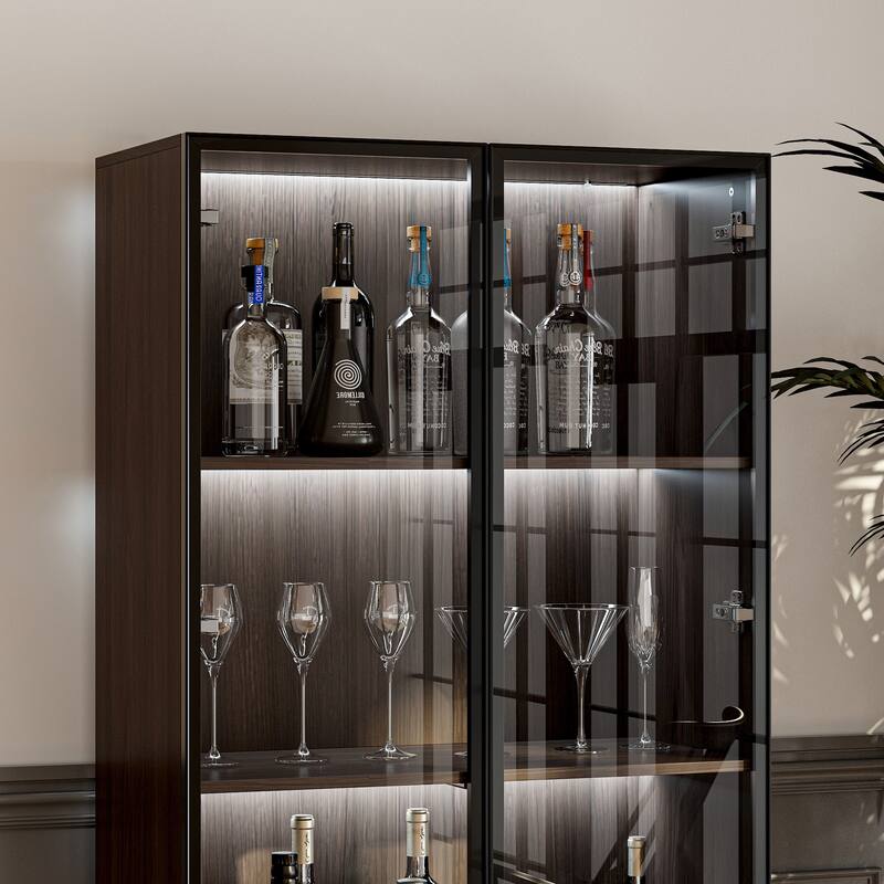 Bookshelves Bookcase Modular Glass Display Cabinet with LED Lights, Dark Wood Storage Combination Cabinet System