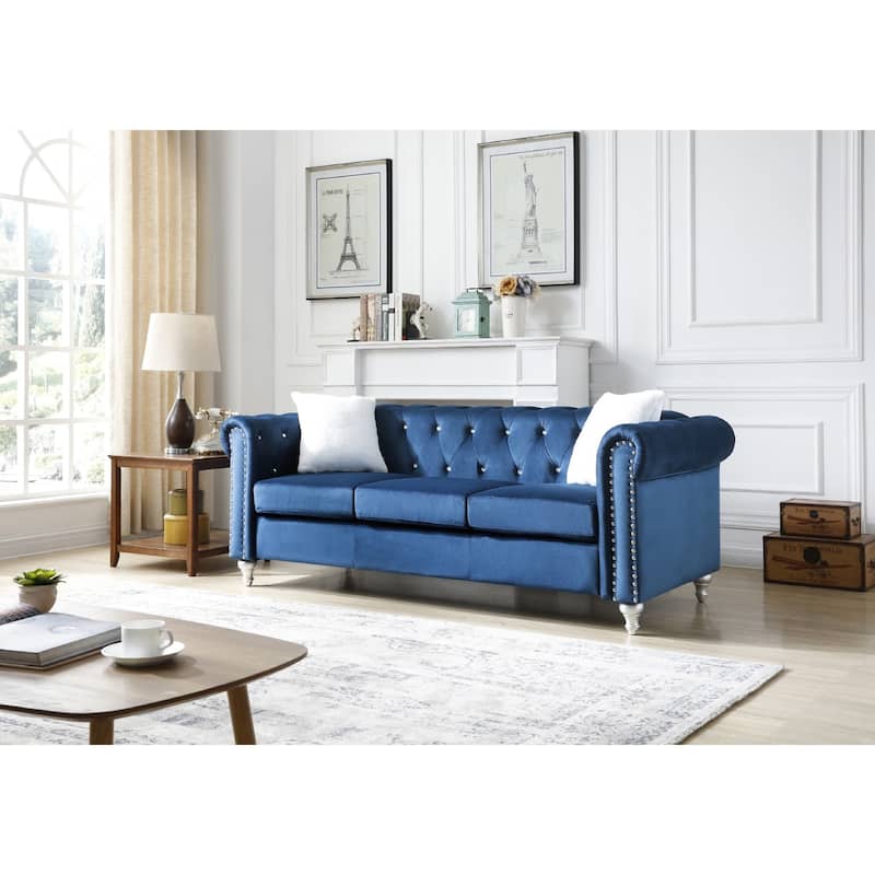 Tufted Faux Jewel Velvet 3-Seater Sofa with Throw Pillows - 83" - Blue
