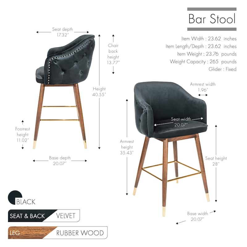 Porthos Home Orla Velvet Upholstered Bar Stools with Rubberwood Legs, Set of 2