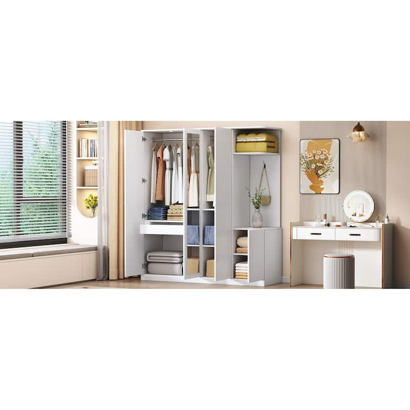 4-Door Wardrobe with Shelves, Drawers, and Full-Length Mirror