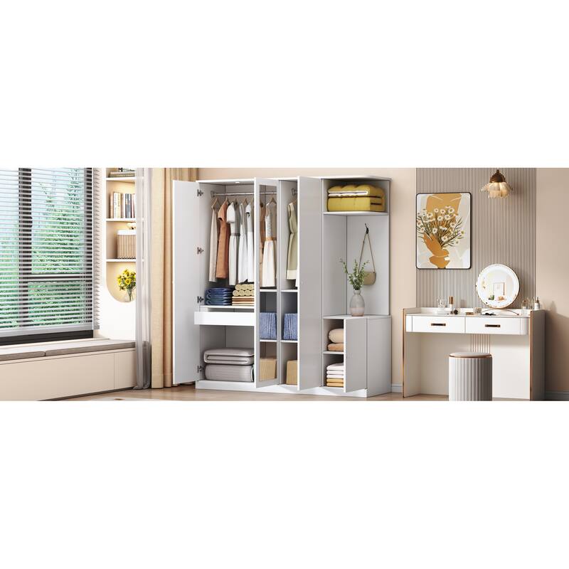 Mirrored Wardrobe Closet 4 Door Wooden Wardrobe with Drawers Large Armoire Closet with Open Storage Space