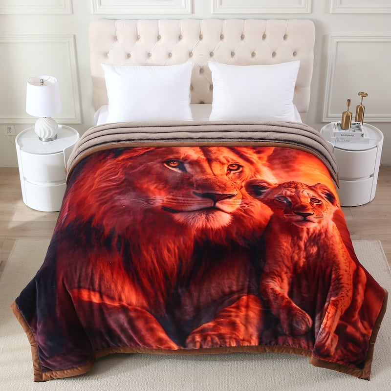 Warm Fleece Blanket Striped Fluffy Plush Bed Blanket 85"x93", 9lbs - Lion