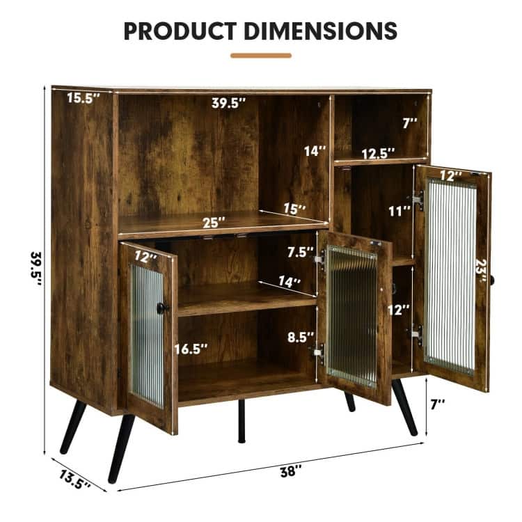 Buffet Kitchen Storage Cupboard with Glass Door and Adjustable Shelves-Rustic Brown - 39.5" x 15.5" x 39.5" (L x W x H)