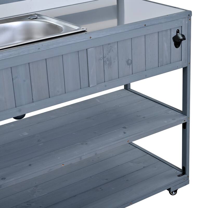 41.7'' Rolling Outdoor Kitchen Island, Solid Wood Kitchen Cart with Sink and Stainless Table Top