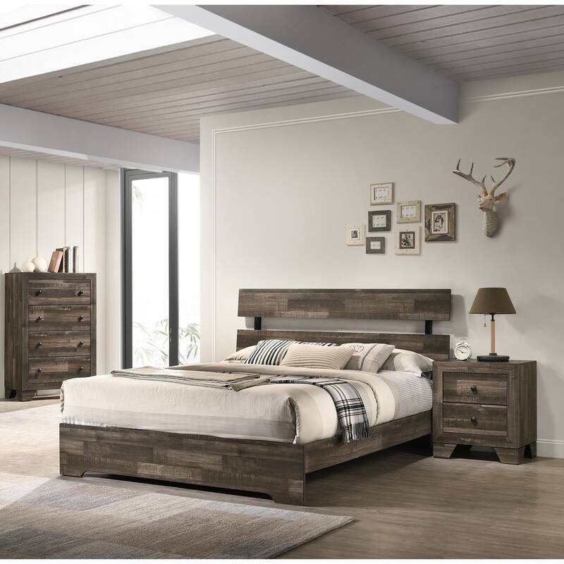 Rustic Queen Platform Bed Frame with Slat Headboard in Brown Finish