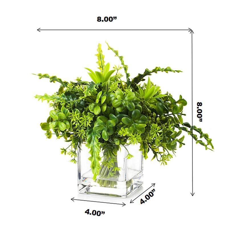 Enova Home Artificial Mixed Greenery Foliage Plant in Clear Glass Vase Small Fake Plants Indoor Greenery Tabletop Decor