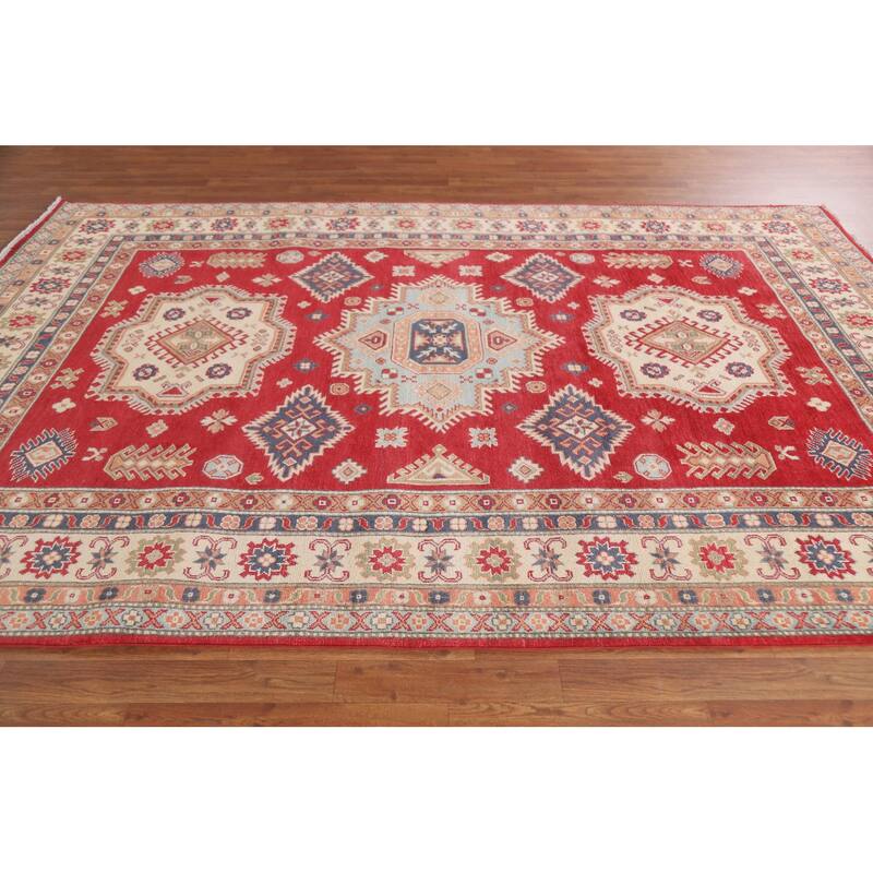 Hand Knotted Oriental 100% Wool Carpet Traditional Geometric Red Kazak Area Rug - 9' 10'' X 6' 7''