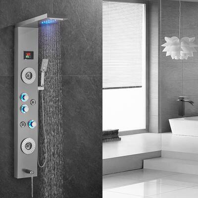 FORIOUS LED Shower Panel Tower System and Tub Spout in Brushed Nickel and Black
