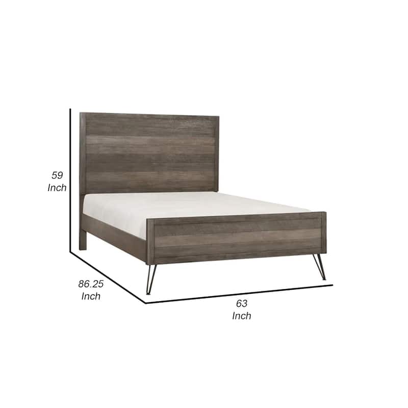 Modern Queen Bed, Panel Headboard and Footboard, Flared Metal Legs, Gray