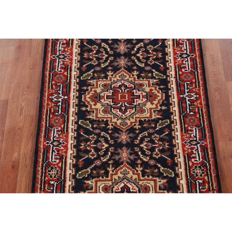Hand Knotted Oriental 100% Wool Carpet Traditional Geometric Navy Blue & Blues Heriz (serapi) Runner Rug - 7' 10'' X 2' 7''