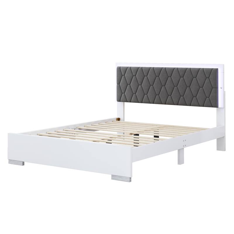 Modern Platform Bed with with Velvet Headboard