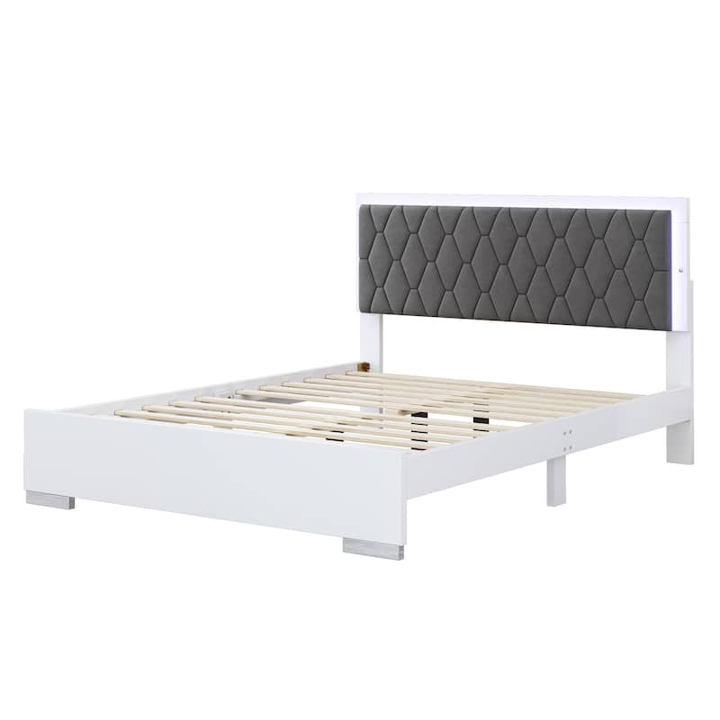 Queen Size Upholstered Platform Bed with LED Light and Velvet Headboard