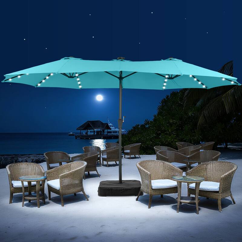 15ft Patio Umbrella Outdoor Market Umbrella with Base and LED Lights - Blue