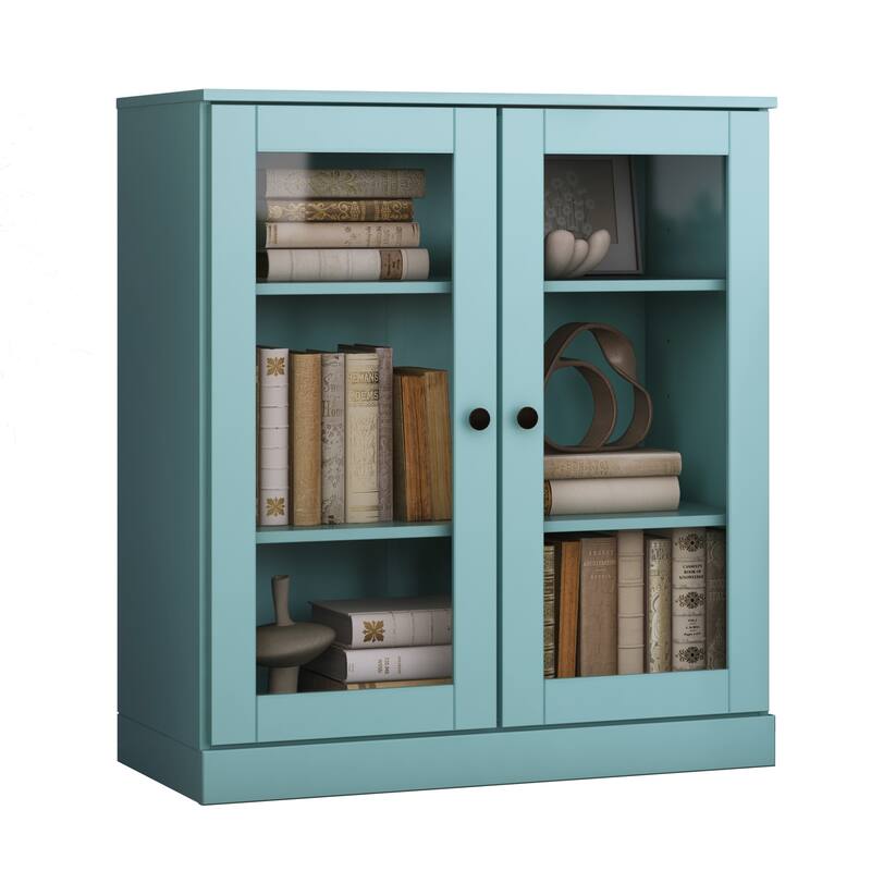 Palace Imports 100% Solid Wood 3-Shelf Bookcase, Clear Glass Doors, Adjustable Shelves, 32" Wide, 35.75" Tall
