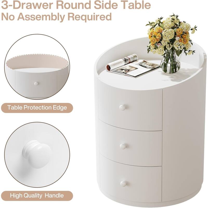White Modern Wood Round End Sofa Side Table with 3 Drawers, Fully Assembled Nightstand