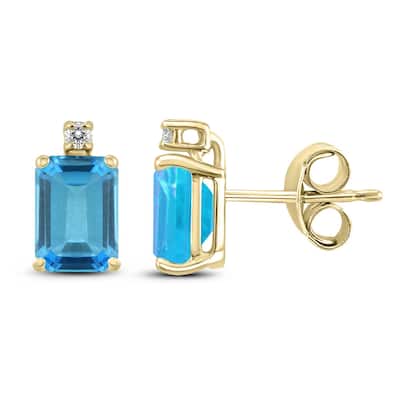 Marquee 14K Yellow Gold 6x4MM Emerald Shaped Blue Topaz and Diamond Earrings