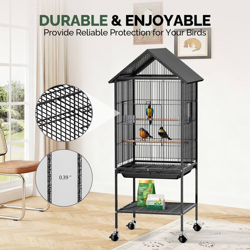 51in Wrought Iron Rolling Bird Cage, Large Flight Cage with Roof-top & Bottom Shelf, for Parrots Cockatiels Small/Medium Birds