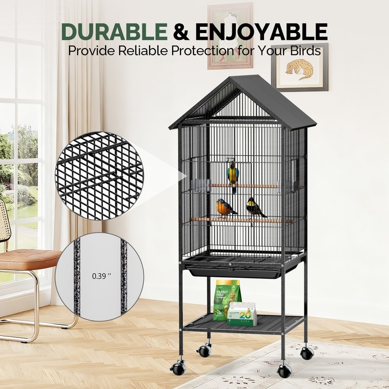 51in Wrought Iron Rolling Bird Cage, Large Flight Cage with Roof