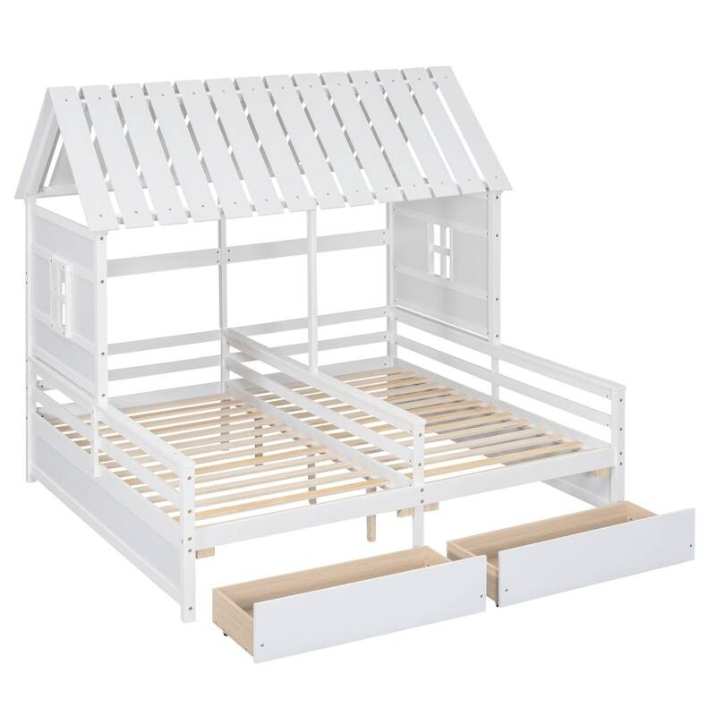 Twin Size House Platform Beds with Two Drawers for Boy and Girl Shared Beds, Combination of 2 Side by Side Twin Size Beds