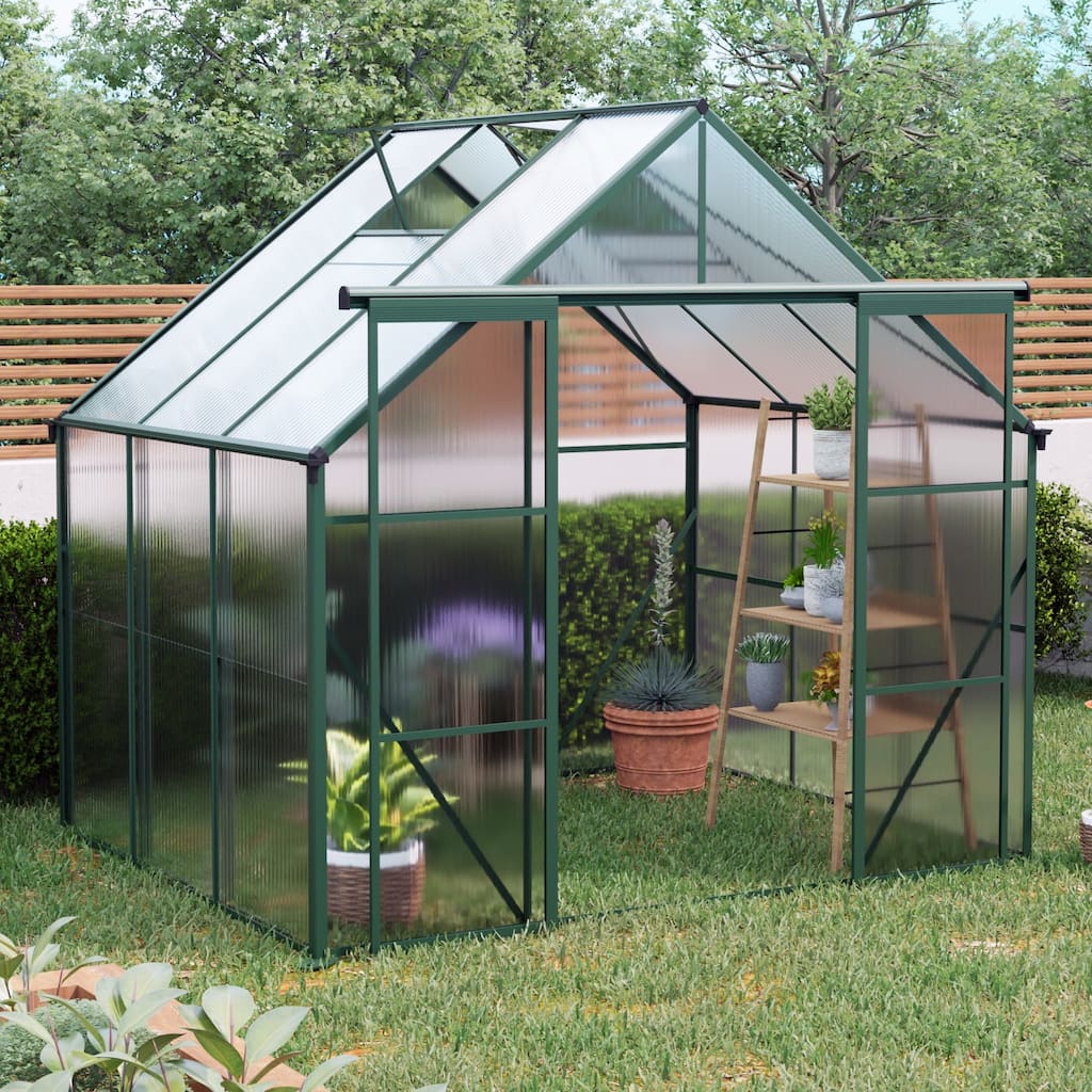 GDF Studio - Arendon Outdoor Aluminum Polycarbonate Greenhouse with Double Sliding Doors and Raised Base